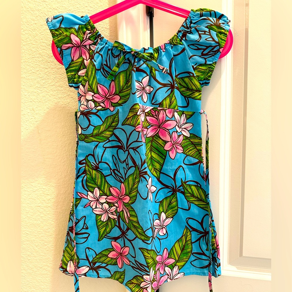 Girls size3T, very pretty vibrant teal blue pink plumeria Hawaiian dress NWOT
